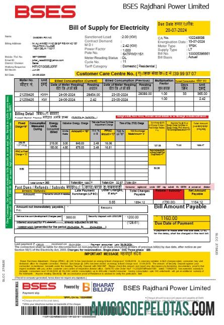 para download Índia Bses Eletricidade Business Utility Bill Word e PDF Template Trang
